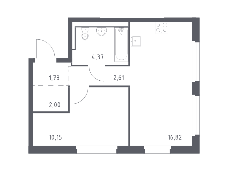 2-комнатная (Евро) квартира, 37.73 м² - планировка, фото №1