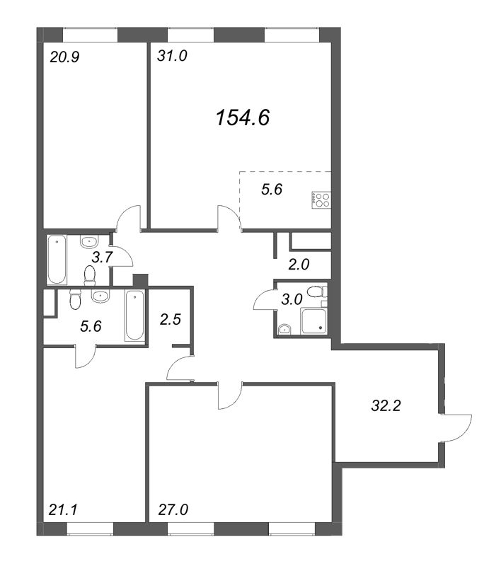 4-комнатная (Евро) квартира, 155.6 м² - планировка, фото №1