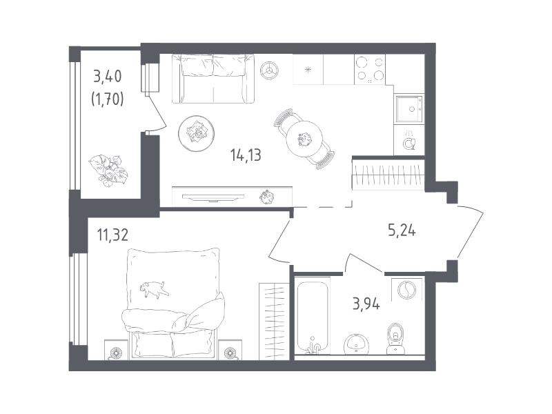 1-комнатная квартира, 36.33 м² в ЖК "Южная Нева" - планировка, фото №1