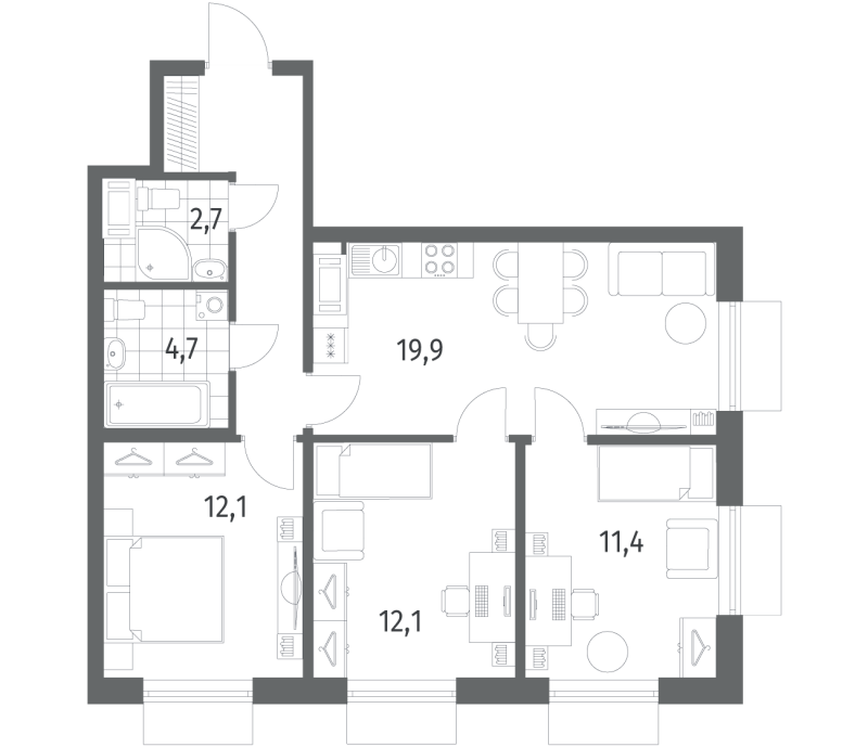 4-комнатная (Евро) квартира, 71.4 м² в ЖК "Парусная 1" - планировка, фото №1