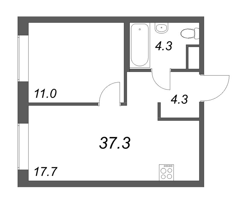 2-комнатная (Евро) квартира, 37.3 м² - планировка, фото №1