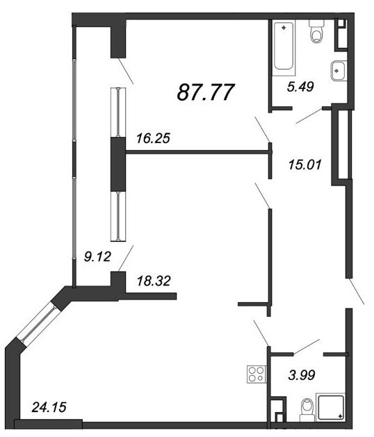 2-комнатная квартира, 88.6 м² - планировка, фото №1