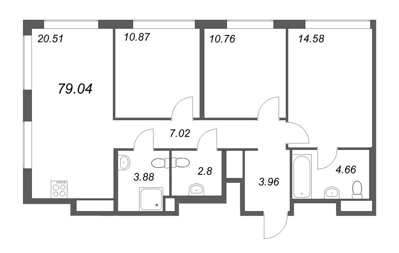 4-комнатная (Евро) квартира, 79.04 м² в ЖК "GloraX Василеостровский" - планировка, фото №1