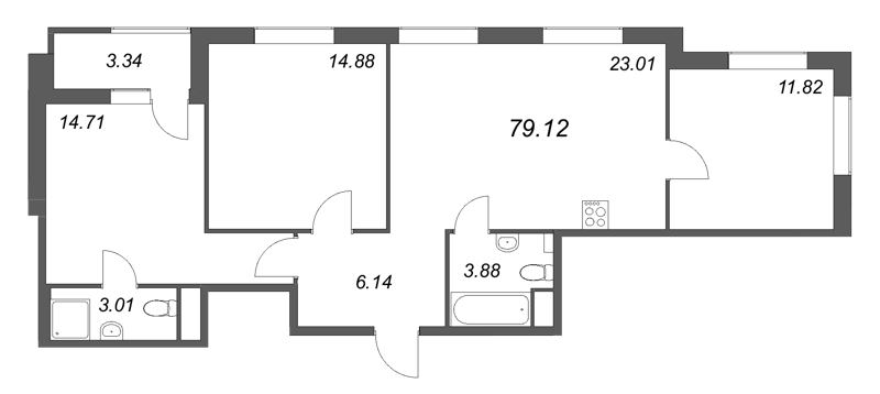 4-комнатная (Евро) квартира, 79.12 м² в ЖК "Гранат" - планировка, фото №1