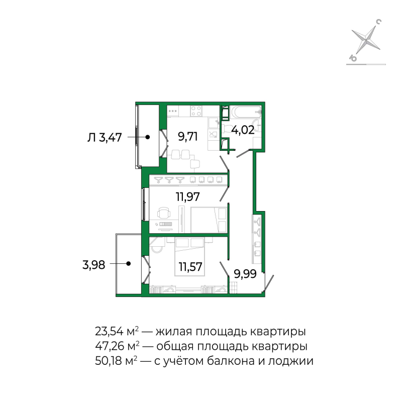 2-комнатная квартира, 47 м² в ЖК "Сертолово Парк" - планировка, фото №1