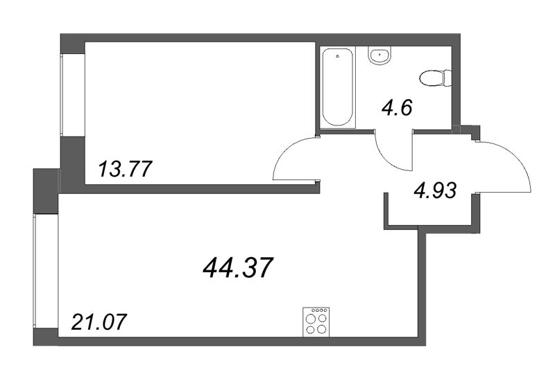 2-комнатная (Евро) квартира, 44.37 м² в ЖК "Avant" - планировка, фото №1