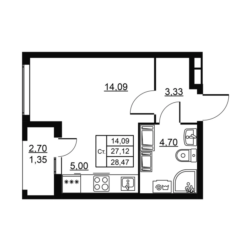Квартира-студия, 28.47 м² в ЖК "Высота. Новодевяткино" - планировка, фото №1