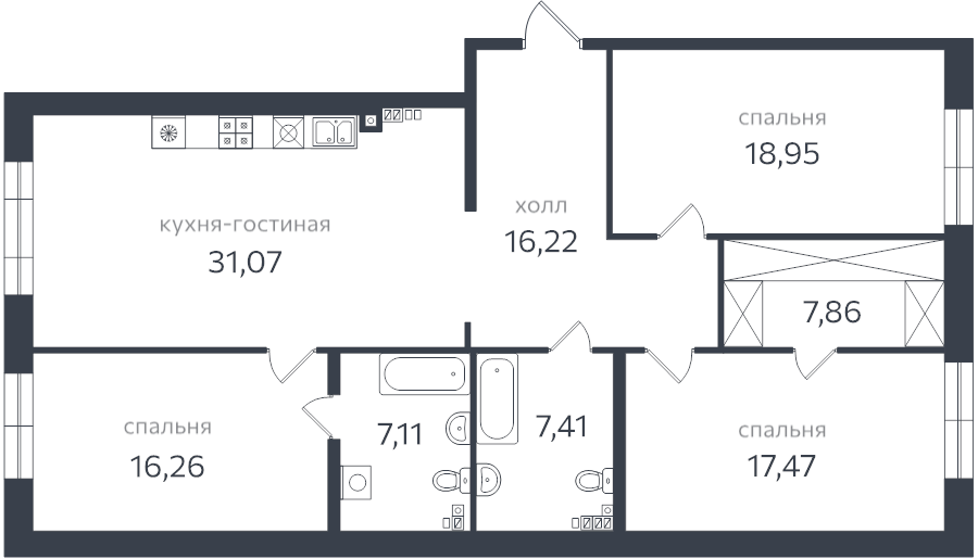 4-комнатная (Евро) квартира, 127.4 м² в ЖК "Петровская коса" - планировка, фото №1