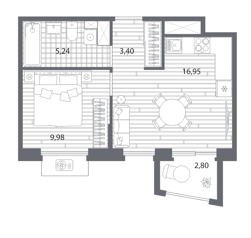 2-комнатная (Евро) квартира, 36.41 м² - планировка, фото №1