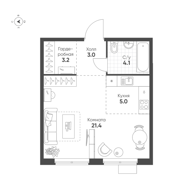 Квартира-студия, 36.7 м² - планировка, фото №1