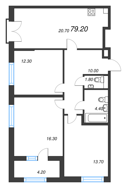 4-комнатная (Евро) квартира, 79.2 м² - планировка, фото №1