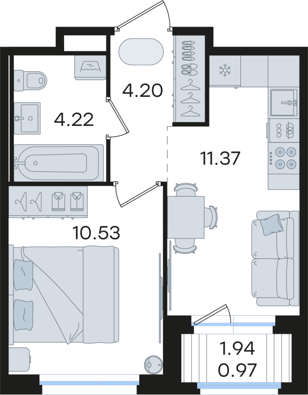 1-комнатная квартира, 31.29 м² в ЖК "Романовка" - планировка, фото №1
