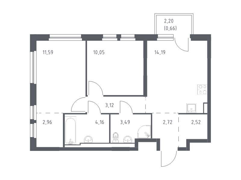2-комнатная квартира, 55.46 м² - планировка, фото №1