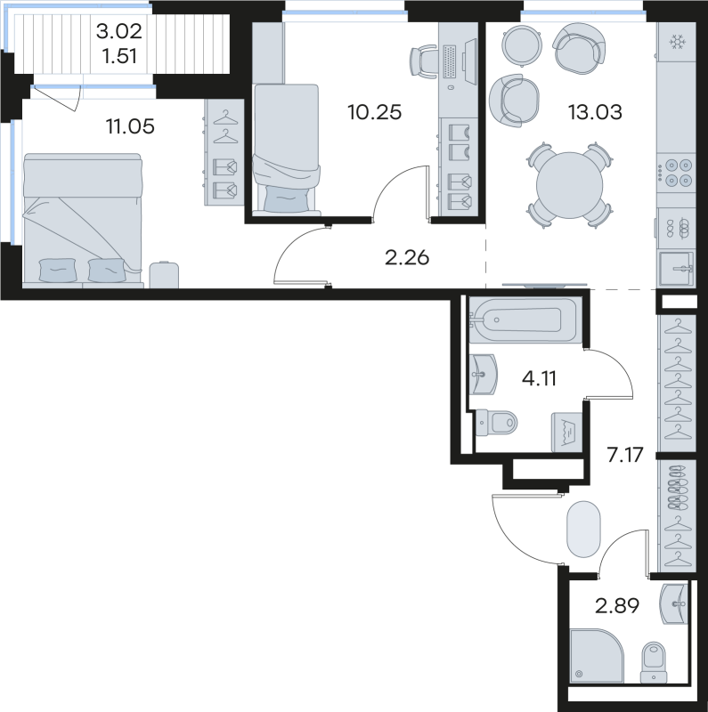 2-комнатная квартира, 52.27 м² в ЖК "GloraX Новоселье" - планировка, фото №1