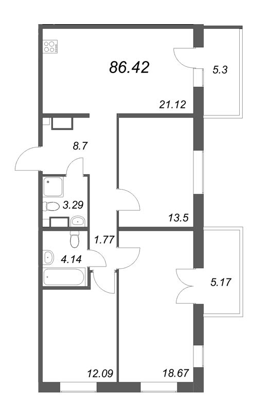 4-комнатная (Евро) квартира, 86.62 м² - планировка, фото №1