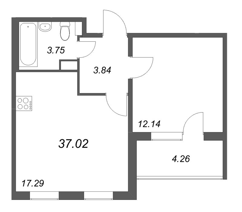 2-комнатная (Евро) квартира, 37.02 м² в ЖК "Любоград" - планировка, фото №1