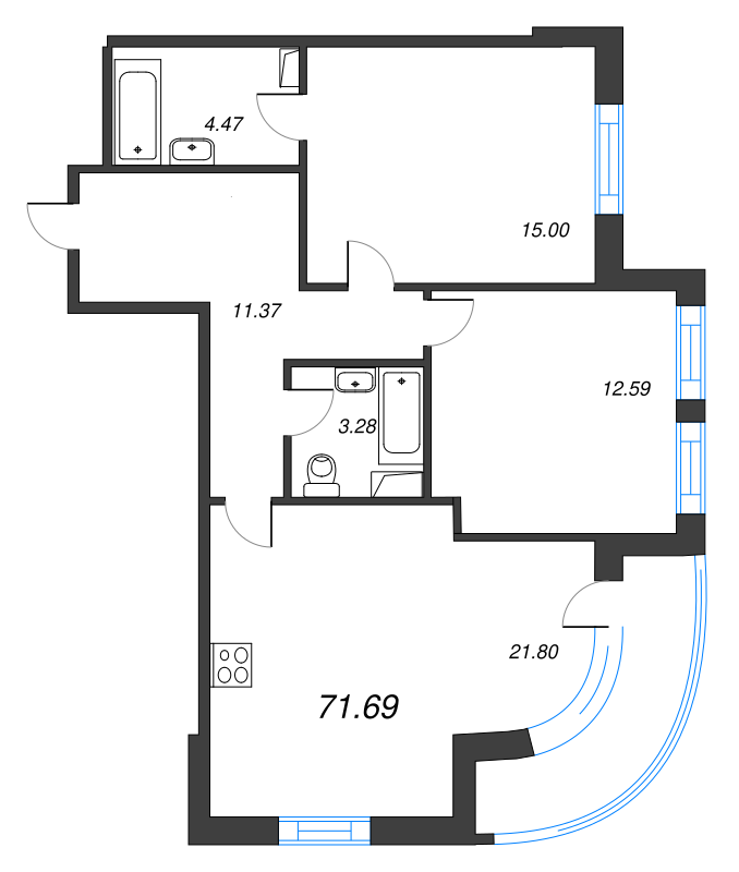 3-комнатная (Евро) квартира, 71.69 м² в ЖК "Энфилд" - планировка, фото №1
