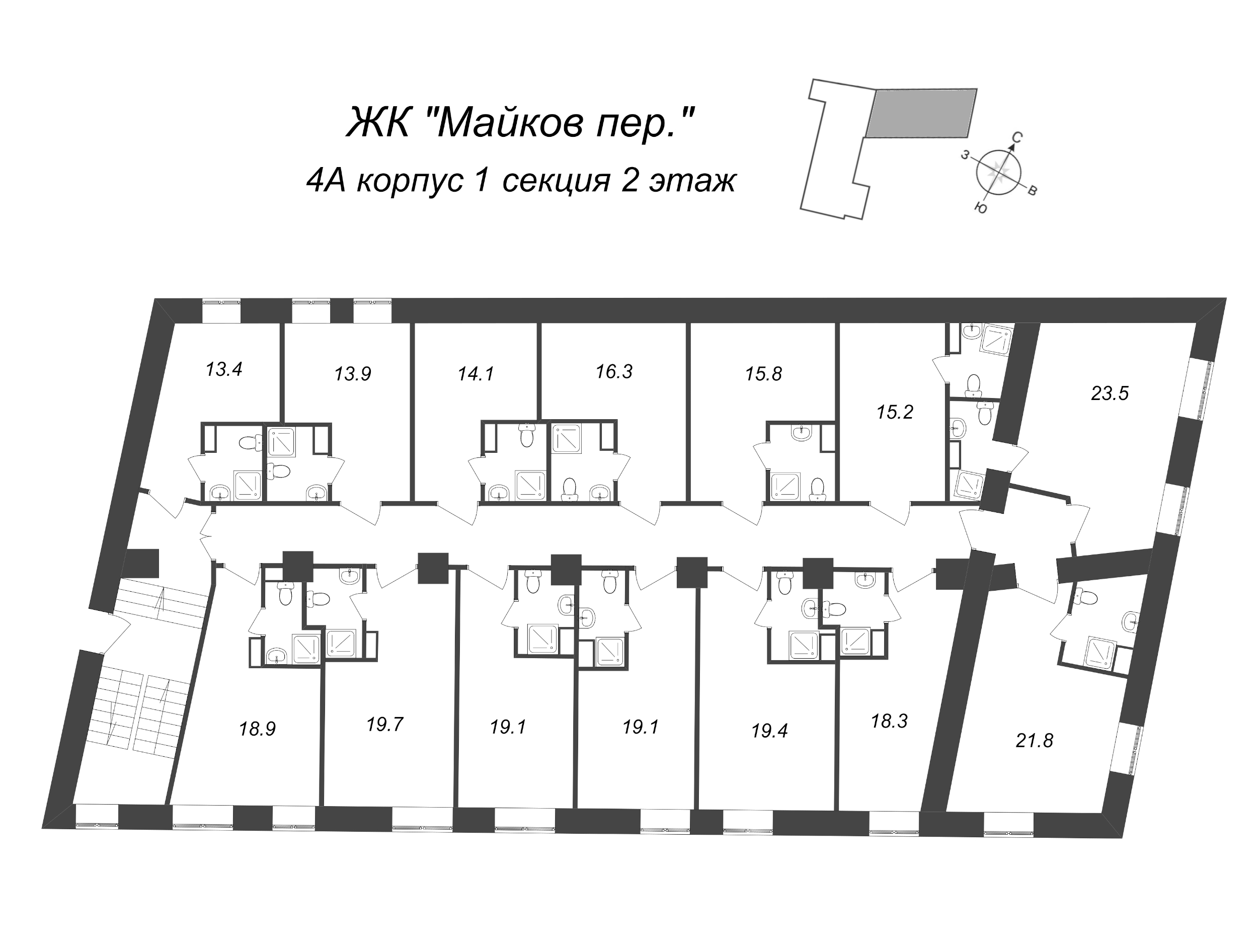 Квартира-студия, 14.1 м² в ЖК "Майков пер., 4А" - планировка этажа