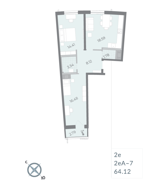 2-комнатная (Евро) квартира, 64.12 м² - планировка, фото №1