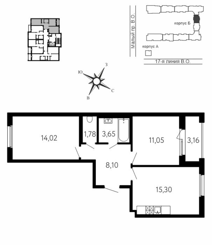3-комнатная (Евро) квартира, 55.48 м² в ЖК "17-я линия" - планировка, фото №1