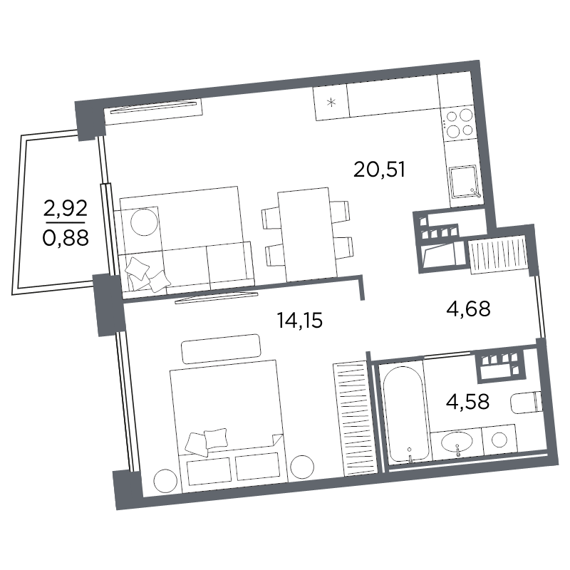 2-комнатная (Евро) квартира, 44.8 м² в ЖК "Акватория" - планировка, фото №1