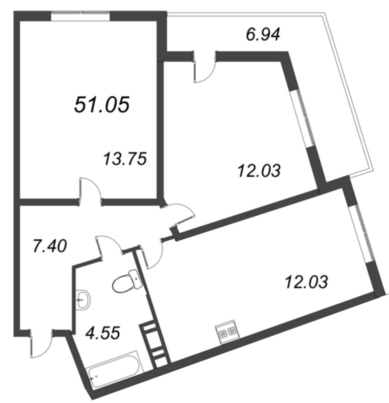 2-комнатная квартира, 50.7 м² в ЖК "Мурино Парк" - планировка, фото №1