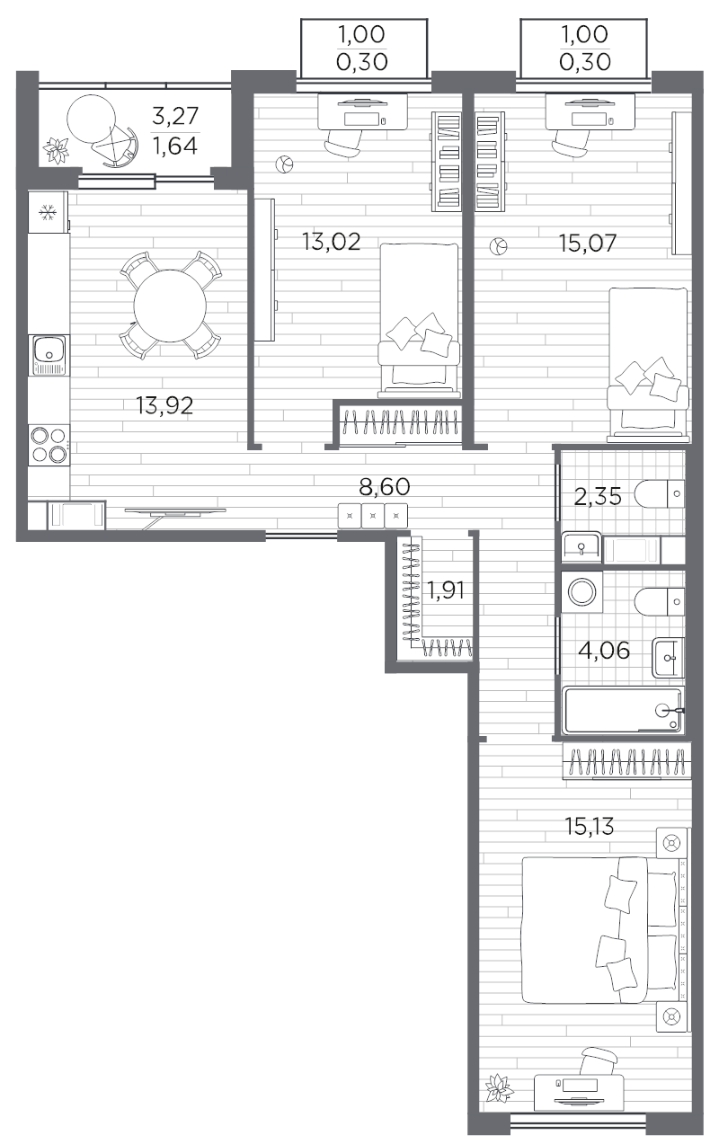 3-комнатная квартира, 76.3 м² в ЖК "PLUS Пулковский" - планировка, фото №1