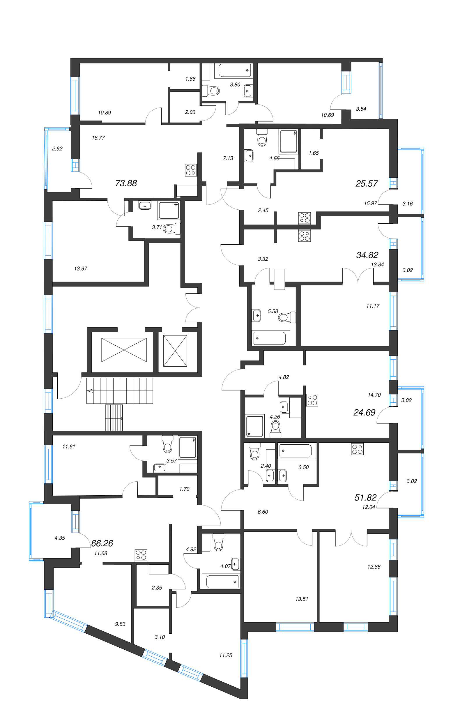 4-комнатная (Евро) квартира, 73.88 м² - планировка этажа