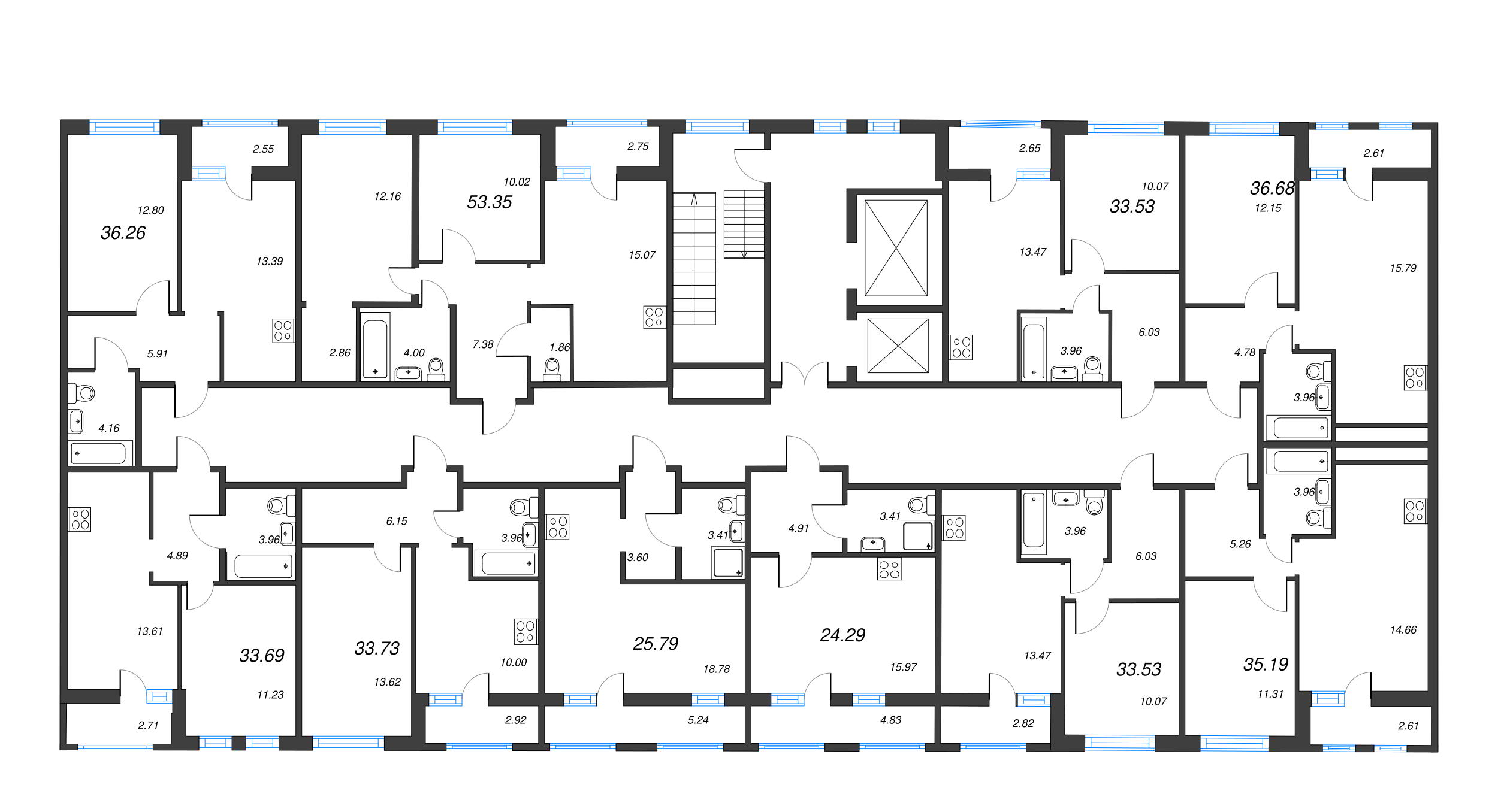 3-комнатная (Евро) квартира, 53.35 м² - планировка этажа