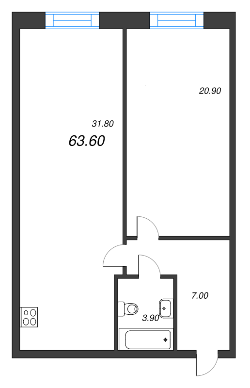 2-комнатная (Евро) квартира, 63.7 м² - планировка, фото №1