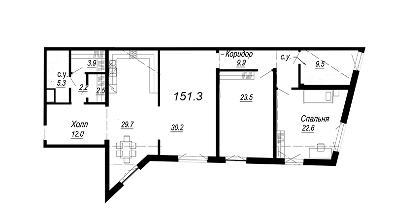 4-комнатная (Евро) квартира, 155.38 м² - планировка, фото №1