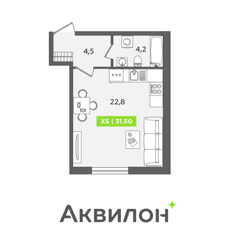 Квартира-студия, 31.5 м² в ЖК "PROMENADE" - планировка, фото №1