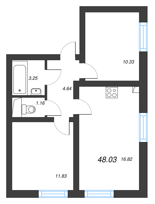 3-комнатная (Евро) квартира, 48.03 м² в ЖК "Морская миля" - планировка, фото №1