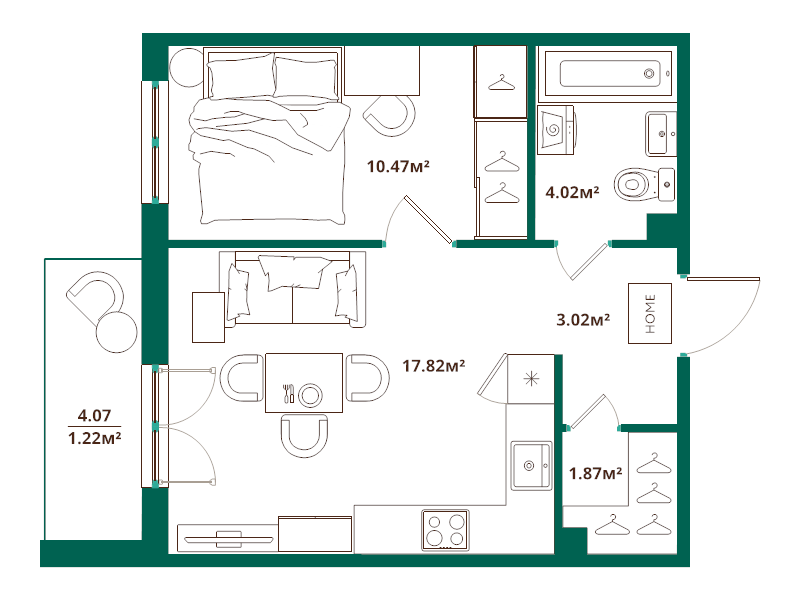 2-комнатная (Евро) квартира, 38.42 м² в ЖК "ЛесАрт" - планировка, фото №1