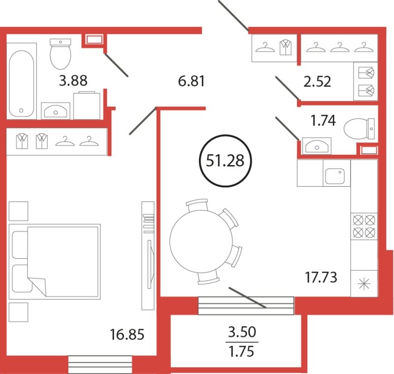 2-комнатная (Евро) квартира, 51.28 м² в ЖК "Энфилд" - планировка, фото №1