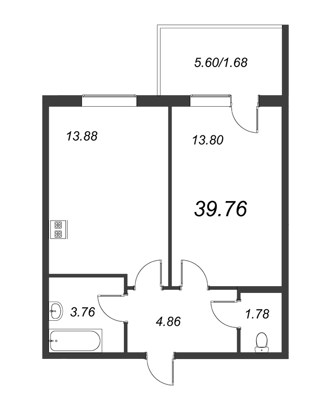 1-комнатная квартира, 43.68 м² в ЖК "Юттери" - планировка, фото №1