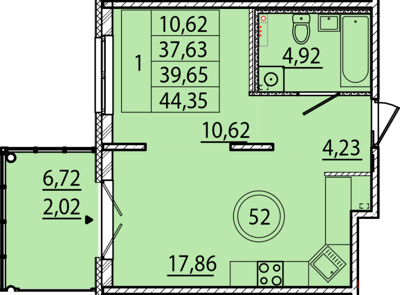 2-комнатная (Евро) квартира, 37.63 м² в ЖК "Образцовый квартал 15" - планировка, фото №1