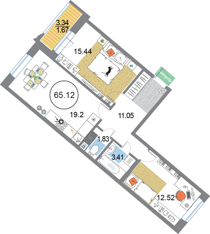 3-комнатная (Евро) квартира, 65.12 м² - планировка, фото №1
