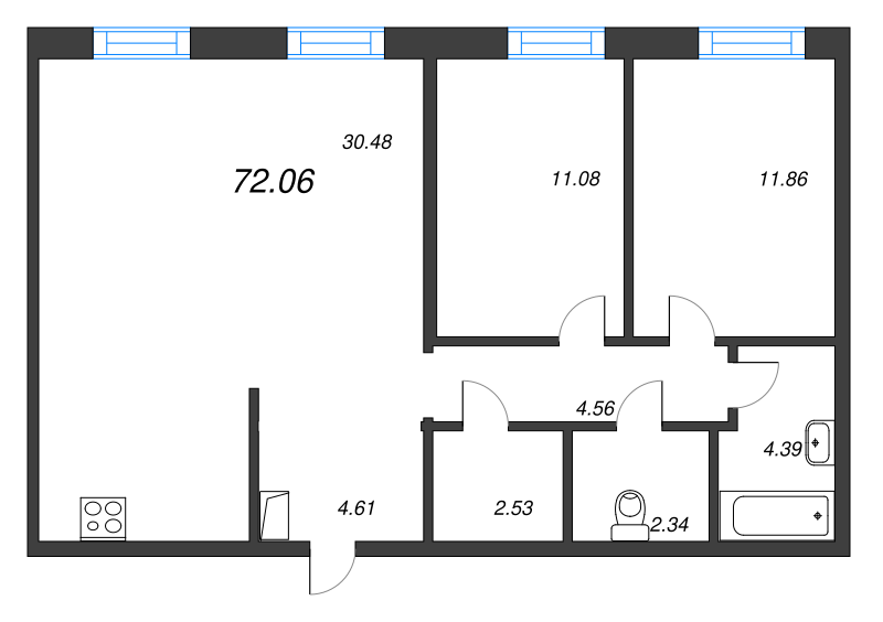 3-комнатная (Евро) квартира, 72.06 м² в ЖК "Черная речка, 41" - планировка, фото №1