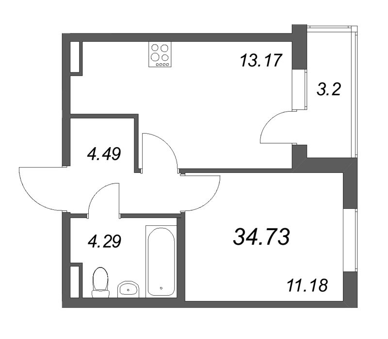 1-комнатная квартира, 34.73 м² в ЖК "Новая история" - планировка, фото №1