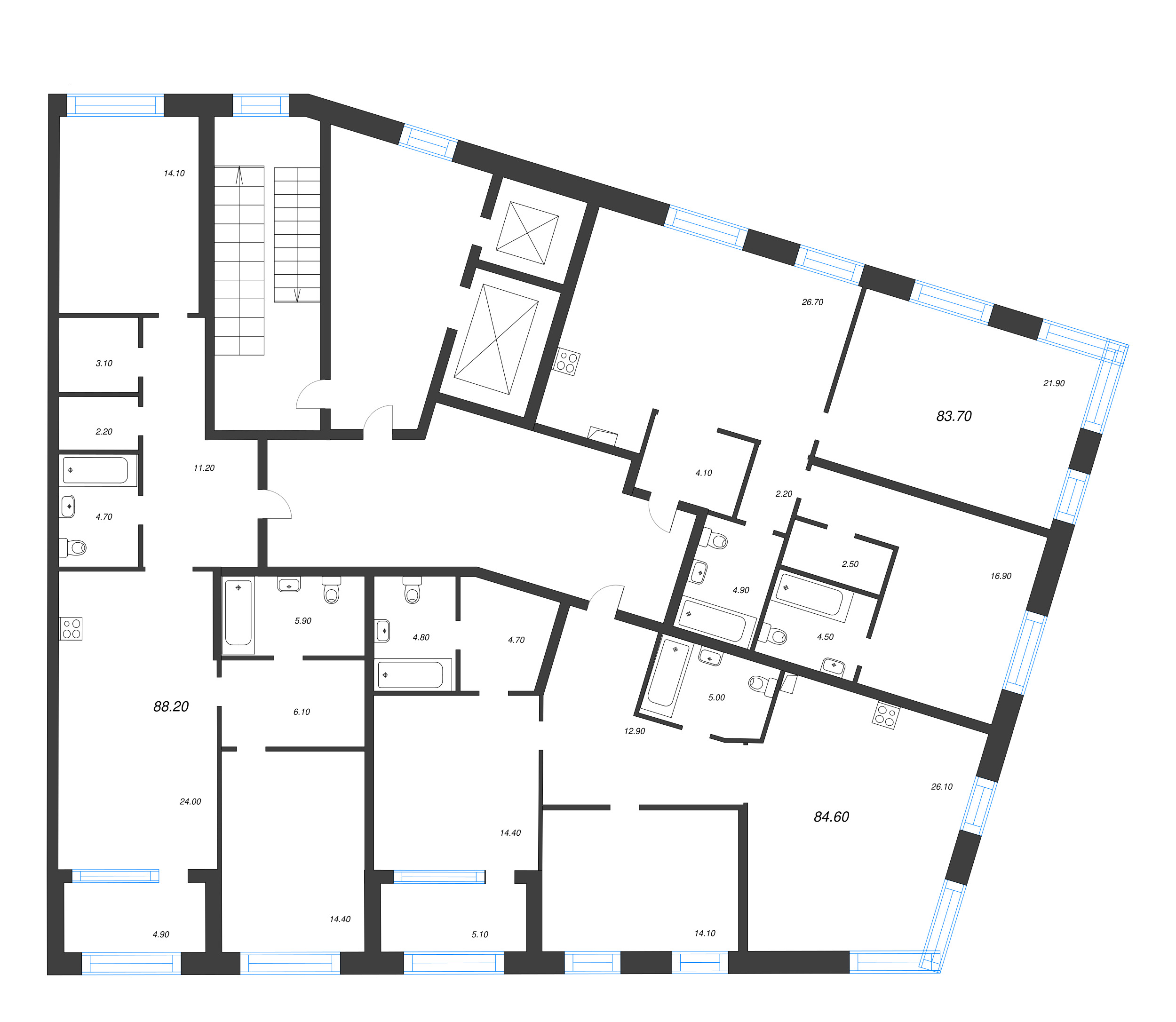 3-комнатная (Евро) квартира, 83.7 м² в ЖК "ЛДМ" - планировка этажа