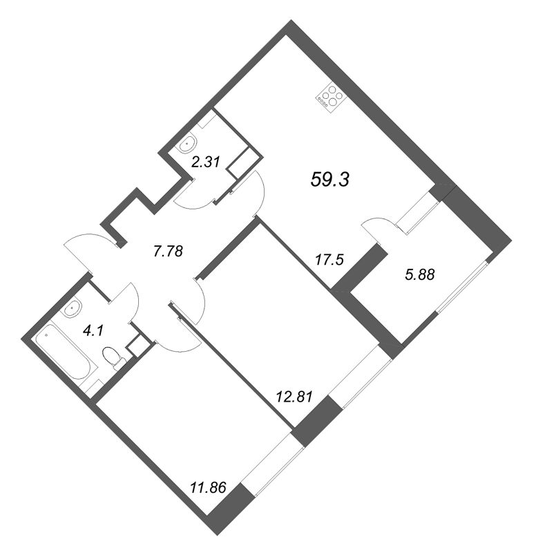 3-комнатная (Евро) квартира, 59.3 м² - планировка, фото №1