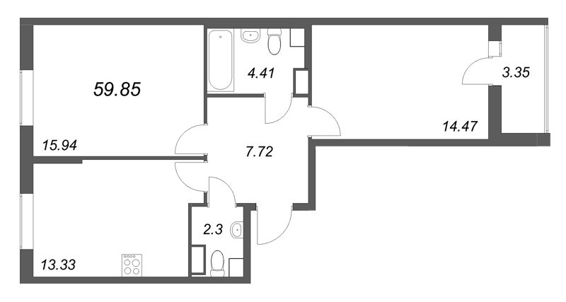 2-комнатная квартира, 59.85 м² в ЖК "Кинопарк" - планировка, фото №1