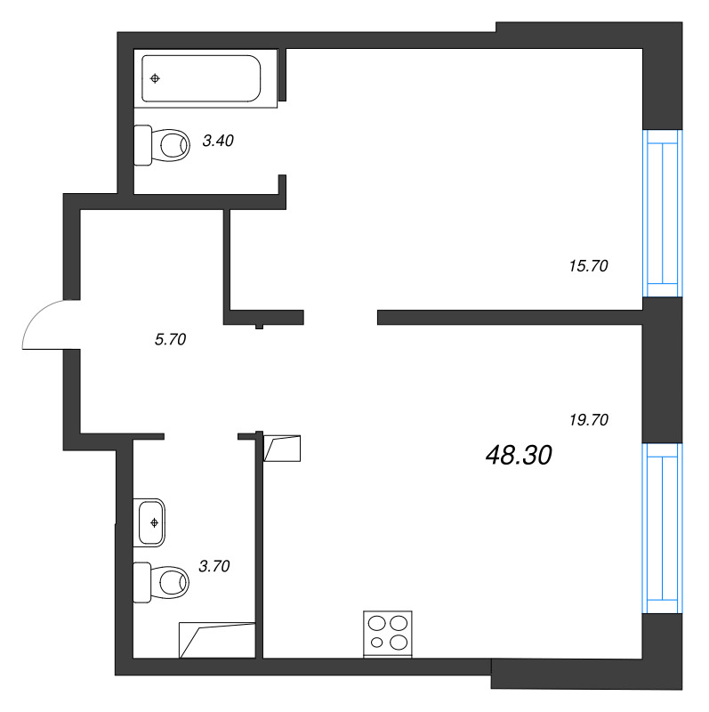 2-комнатная (Евро) квартира, 48.2 м² в ЖК "ЛДМ" - планировка, фото №1