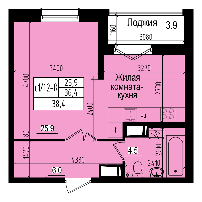 Квартира-студия, 38.4 м² - планировка, фото №1