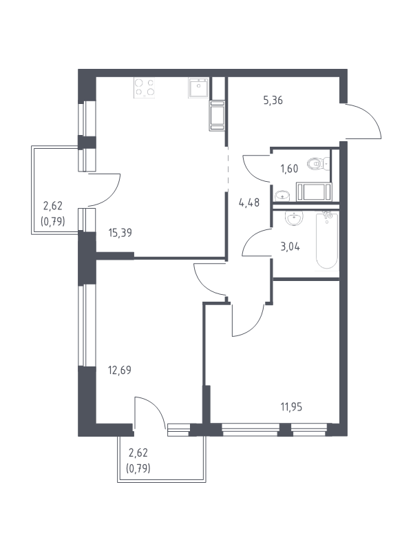 3-комнатная (Евро) квартира, 56.09 м² - планировка, фото №1