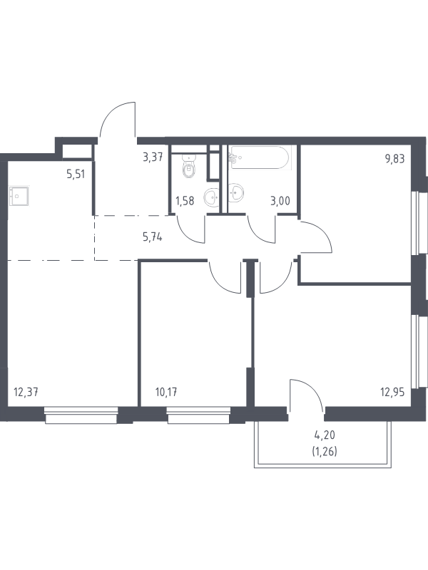 4-комнатная (Евро) квартира, 65.78 м² - планировка, фото №1