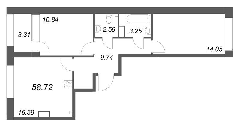 3-комнатная (Евро) квартира, 58.72 м² в ЖК "Аквилон Солар Парк" - планировка, фото №1