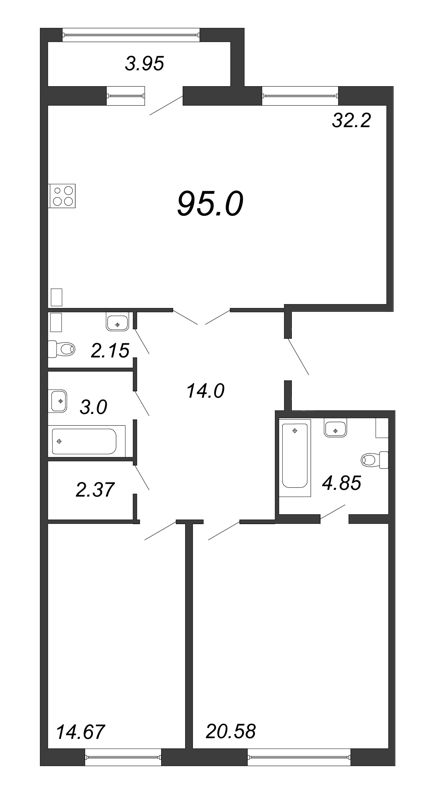 3-комнатная (Евро) квартира, 95 м² - планировка, фото №1