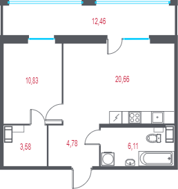 2-комнатная (Евро) квартира, 49.7 м² в ЖК "Город-спутник Южный" - планировка, фото №1